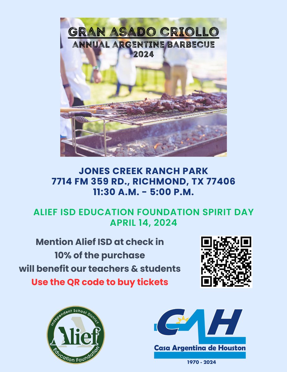 Join us for Alief ISD Education Foundation Spirit Day on April 14th! 10% of your purchase goes directly to supporting education in our community. Let's make a difference together! #WeAreAlief