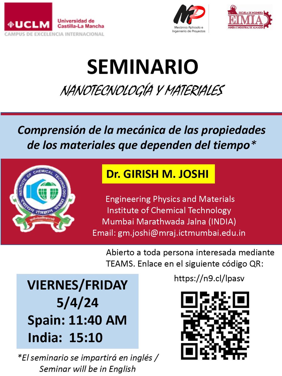 Seminario: 𝗖𝗼𝗺𝗽𝗿𝗲𝗻𝘀𝗶𝗼́𝗻 𝗱𝗲 𝗹𝗮 𝗺𝗲𝗰𝗮́𝗻𝗶𝗰𝗮 𝗱𝗲 𝗹𝗮𝘀 𝗽𝗿𝗼𝗽𝗶𝗲𝗱𝗮𝗱𝗲𝘀 𝗱𝗲 𝗹𝗼𝘀 𝗺𝗮𝘁𝗲𝗿𝗶𝗮𝗹𝗲𝘀 𝗾𝘂𝗲 𝗱𝗲𝗽𝗲𝗻𝗱𝗲𝗻 𝗱𝗲𝗹 𝘁𝗶𝗲𝗺𝗽𝗼
𝗣𝗿𝗼𝗳𝗲𝘀𝗼𝗿 𝗚𝗶𝗿𝗶𝘀𝗵 𝗠. 𝗝𝗼𝘀𝗵𝗶

uclm.es/es/ciudad-real… 

<a href="/Esc_Ing_Almaden/">EIMIA</a> de la <a href="/uclm_es/">Universidad de Castilla-La Mancha</a>