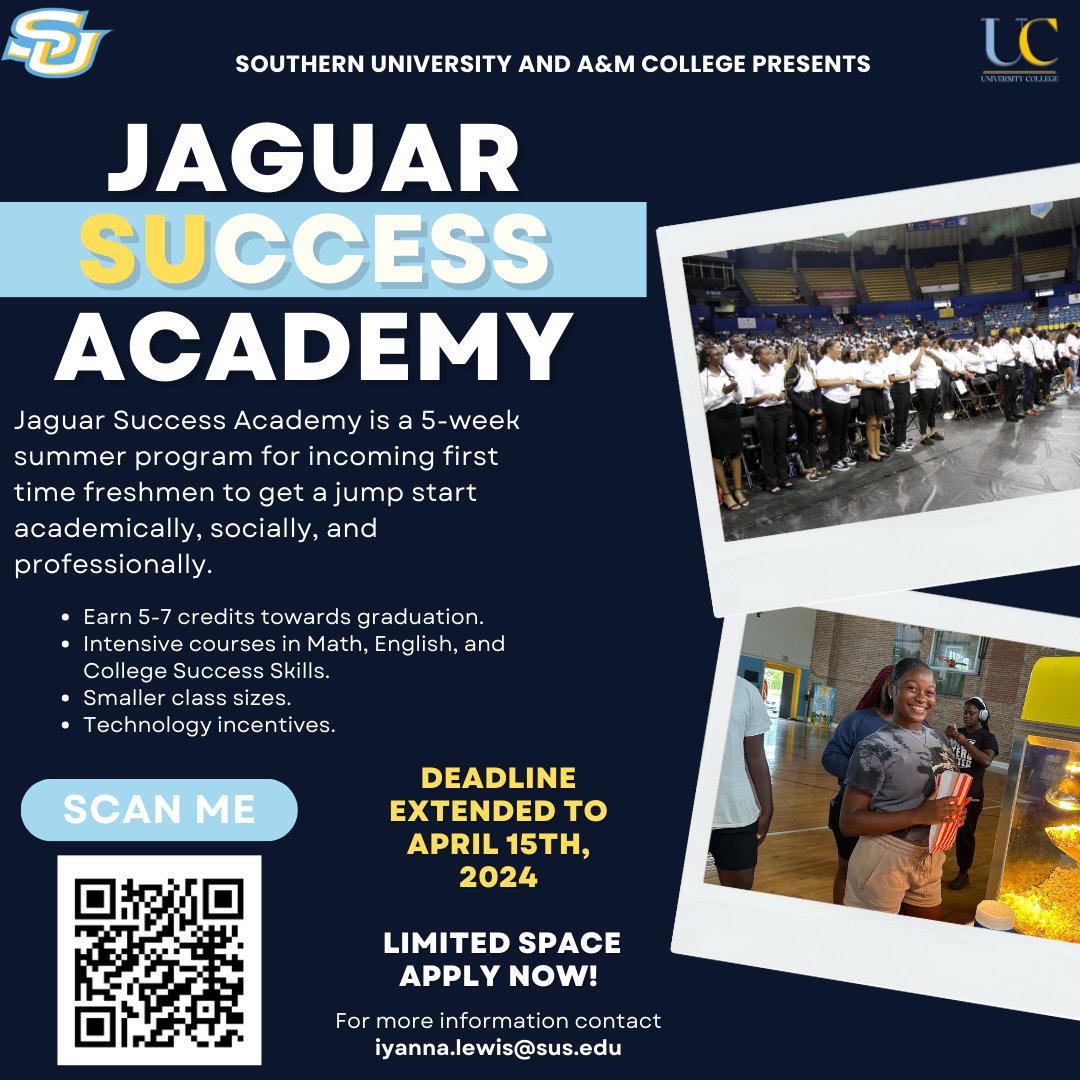 Are you an incoming freshman? Get a jump start this #summer with the Jaguar SUccess Academy! Applications are April 15, so apply TODAY at bit.ly/4aCJcXG. #WeAreSouthern #HBCU