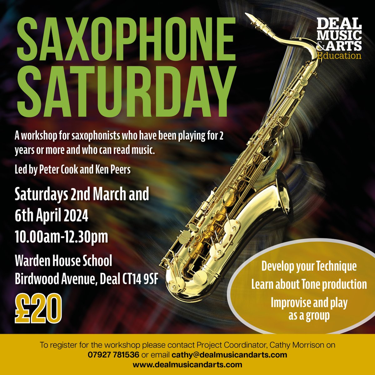 Next saxophone workshop this Saturday, 6th April. Join our experienced tutors for a morning of all things 'sax'! Book your place now cathy@dealmusicandarts.com #saxophone #workshop #dealkent #musiceducation #dealmusicandarts @whatsoninkent @kentlivewhatson @VisitDover @VisitKent