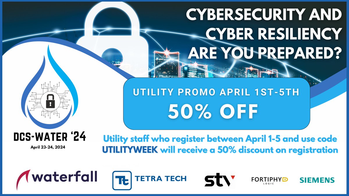 theh2otower's tweet photo. Calling all utility personnel! 📣 Are you prepared to protect your systems against cyberattacks? Sign up for DCS Water '24 by April 5 and use code UTILITYWEEK to receive a 50% discount on registration https://t.co/WSRBxh1bQ7 #cybersecurity #waterutility #wastewaterutility https://t.co/o34OaMoDRd