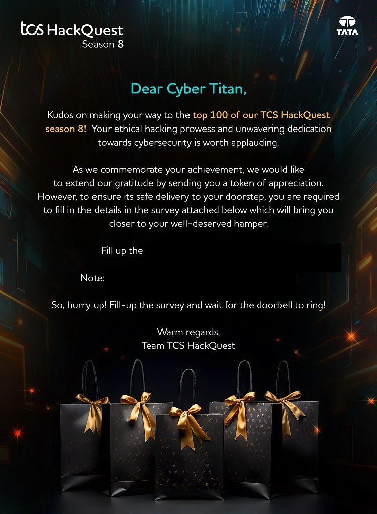 b0mk35h's tweet photo. Excited to share that I've secured a spot in the Top 100 of TCS HackQuest Season 8! Thanks to the entire TCS HackQuest team for organizing this incredible competition.

Currently, I'm actively seeking opportunities with forward-thinking companies where I can contribute and grow. https://t.co/3VO6YFEXUz