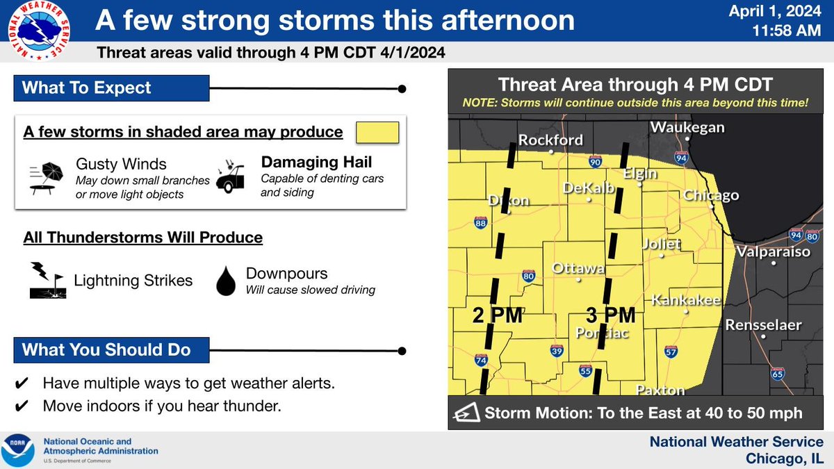 NWSChicago's tweet photo. There is a threat for a few strong to potentially severe storms this PM. Main threat will be from a few instances of large hail, but a few storms could produce locally strong to damaging wind gusts. Storm threat persists beyond 4 PM but shifts south. #ILwx https://t.co/8601asm3q7