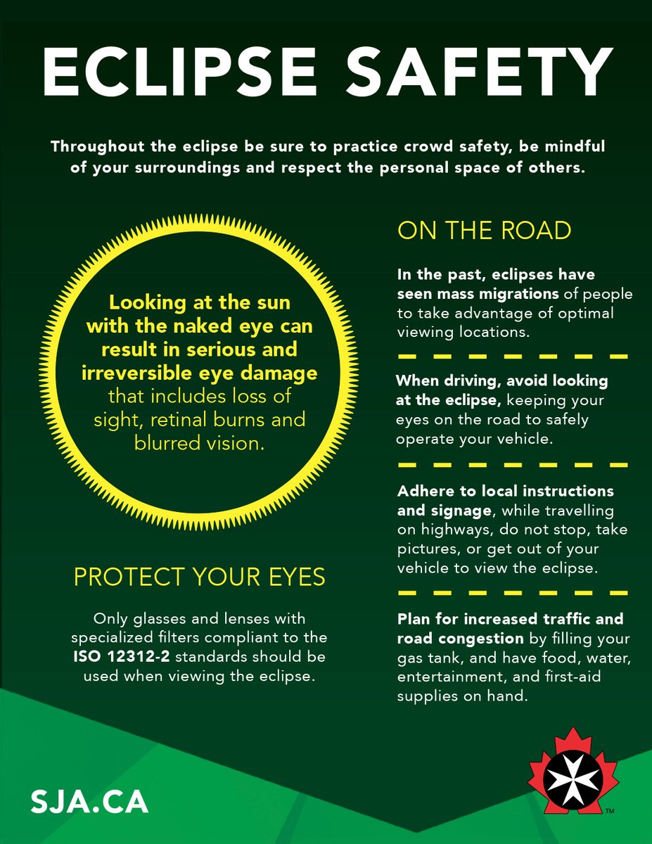 On April 8, 2024, a total solar eclipse will sweep across Canada, the US, and Mexico, bringing a magical moment as the moon covers the sun. St. John Ambulance Ontario prioritizes safety for all. Check out our safety tips to enjoy this historic event securely. #SolarEclipse2024