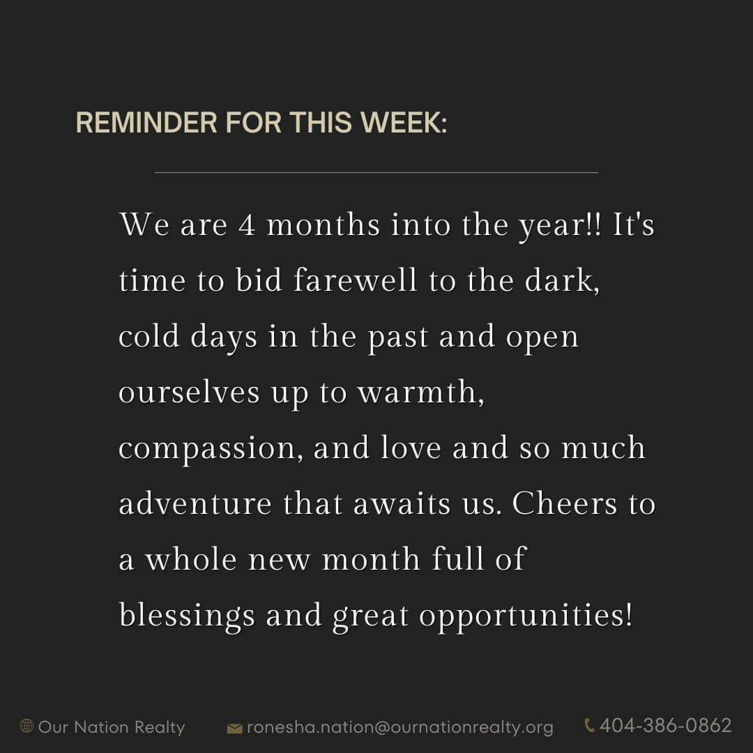 Wishing you all the best this April!🫶🏿🖤

#ournationrealty #motivationmonday #april2024 #newmotivation #newmonthblessings #weeklyreminder #sandiegorealestate