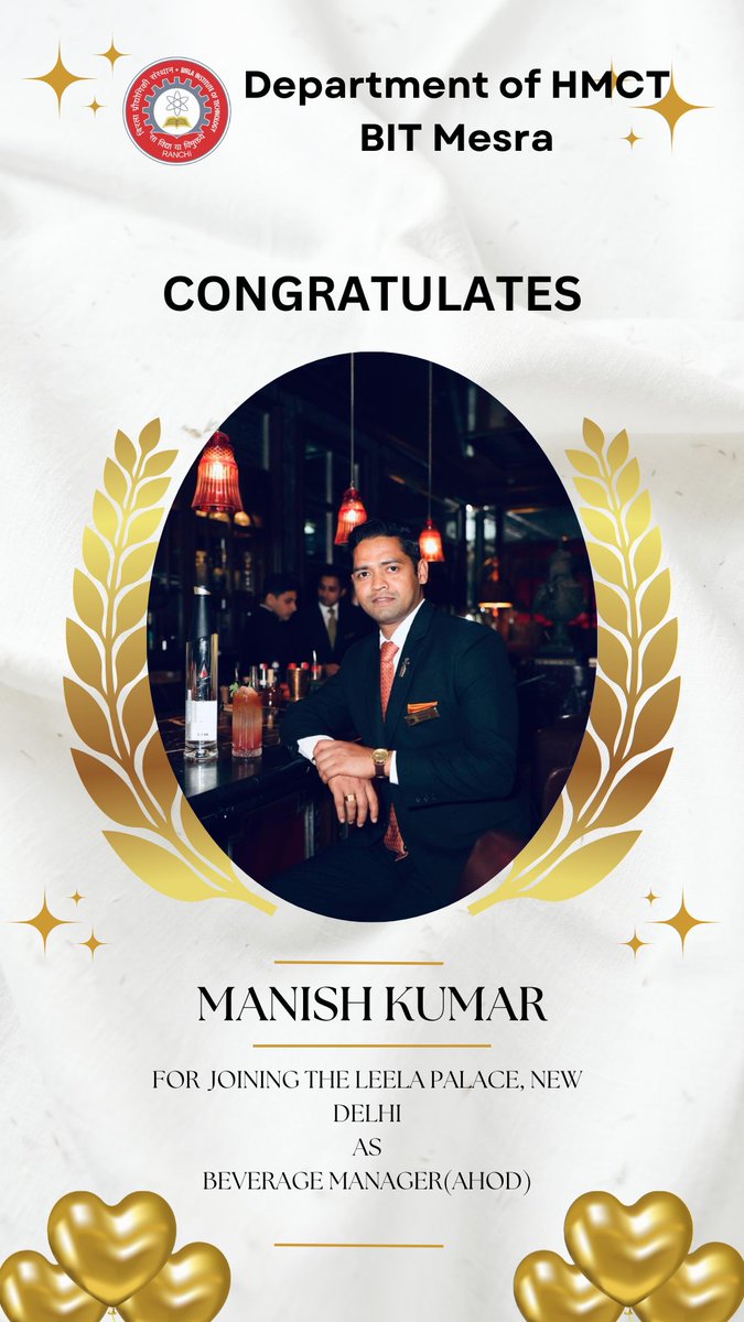 hmct_bitmesra's tweet photo. 🌟 We're Proud of Our Alumni! 🌟
Join us in celebrating the success of our alumni, Manish, who has recently been appointed as Beverage Manager at Leela Palace New Delhi! 🥂✨
Manish's journey from our department to Leela Palace is a testament to his dedication &amp; hard work. https://t.co/9hdbxznqYq