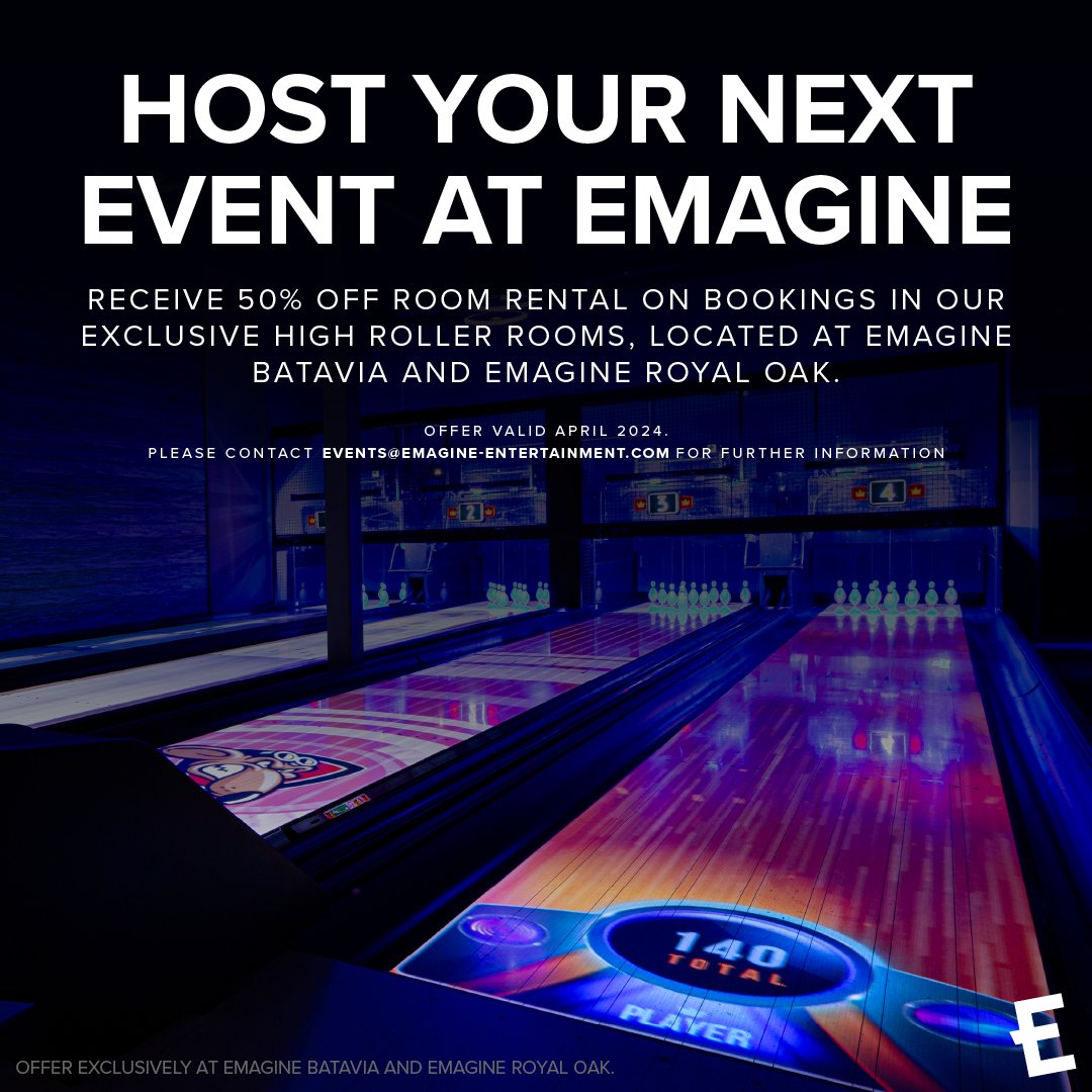Make your next event unforgettable 🎉 Host it at Emagine! Enjoy 50% off room rentals for the month of April at our Emagine Royal Oak & Batavia High Roller Rooms. Book now and make your event unforgettable! 🌟 #EventVenue #EmagineExperience #EmagineTheatres