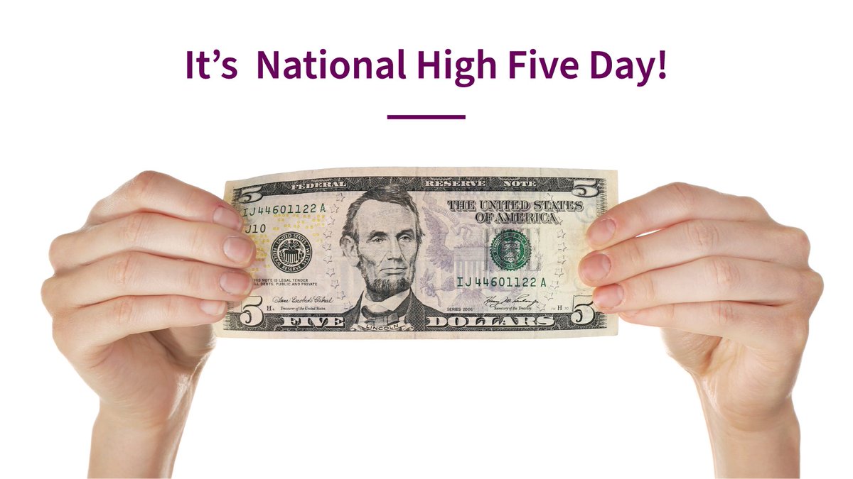 It’s #NationalHighFiveDay! Instead of giving a high five, we’re going to give you five high-lights of the current $5 bill. ​ 1. President Abraham Lincoln's portrait 2. The Lincoln Memorial 3. Two watermarks 4. Security thread 5. Lifespan of about 5.5 years go.uscurrency.gov/gh7
