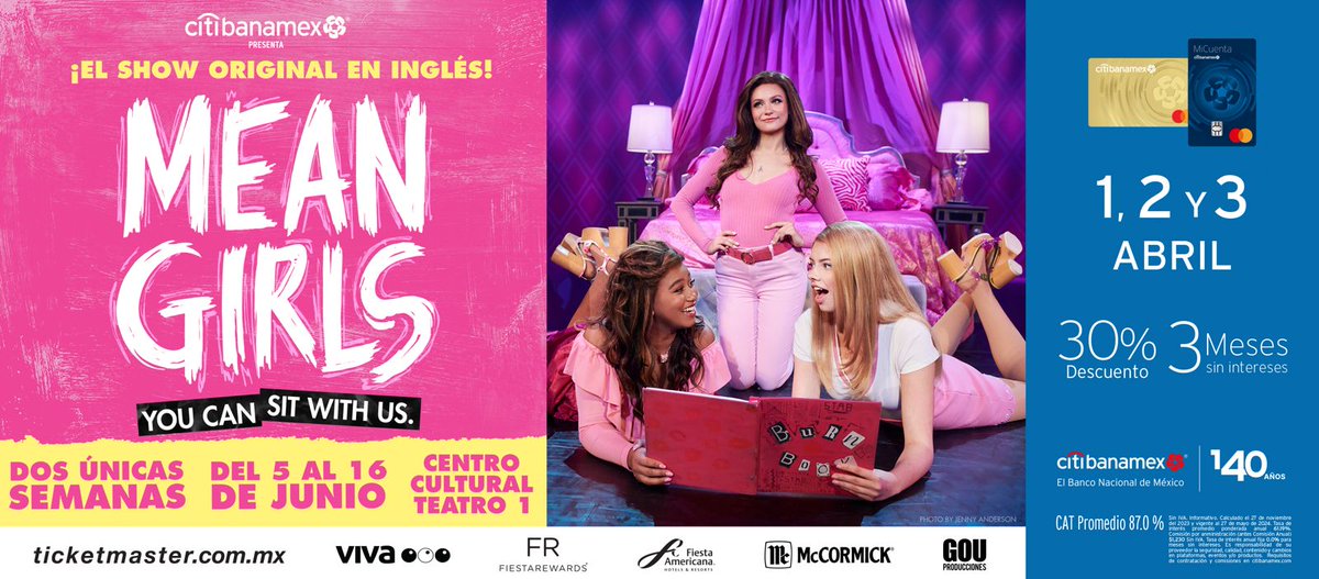 El musical de Mean Girls se presentará en México y tú puedes tener acceso a la venta especial con tus Tarjetas Citibanamex. ¡Aprovecha esta oferta única para clientes! spr.ly/6015ZQsHl