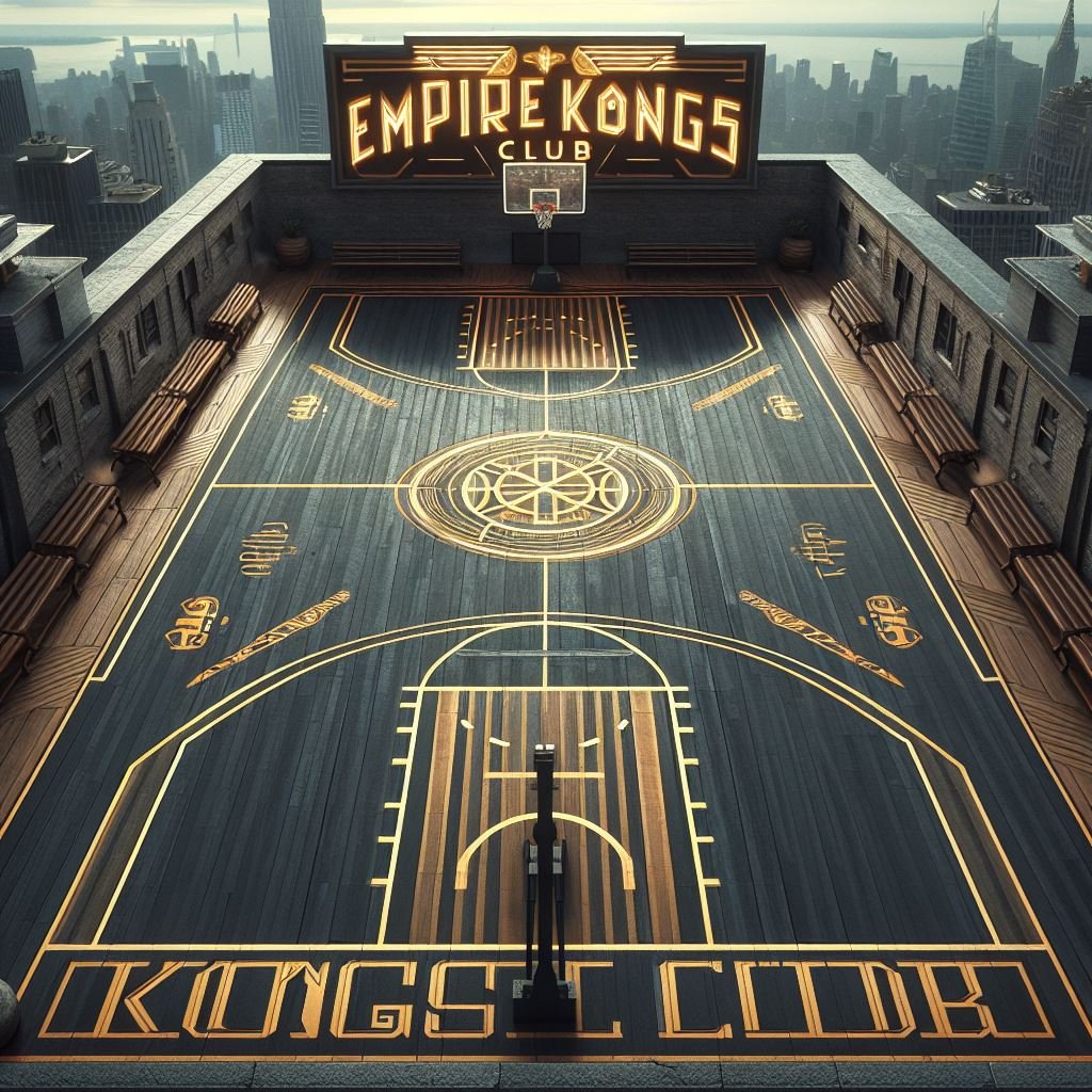 EmpireKongs's tweet photo. After fighting with the #playRKL insurance guys and calculating the budget for the Shark chum for the last version of our hoops court, we conceived an NYC rooftop version of the "Temple of the Goat" court for #EKC that might fit better in the city of Atlos. After 80 prompts we finalized down to these four candidates. @RumbleKongs @empirekongs @ObiKongKonobi @nickev123 @ApeAntics Check the stylish art deco parquet!🔥