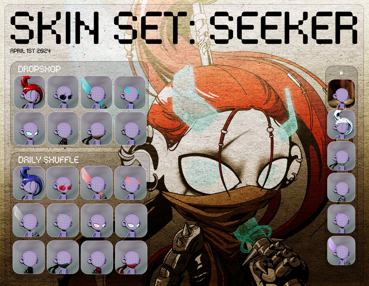 SKIN SET: Seeker
Unveiling the "Seeker Set" from the depths of desert ruins where Glu ventured.

- Base variant is now available now on Seizon's Drop Shop website.

- A unique variant of this set will be available in the shop as well; randomized on your wallets Daily Drop Shop