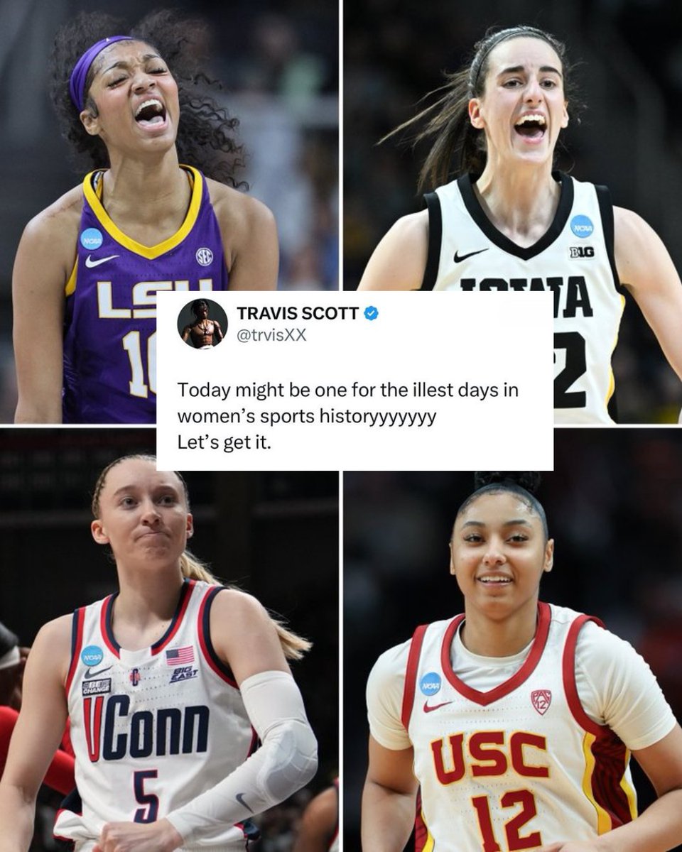ES_sportsnews's tweet photo. Travis Scott Brings the Hype to Women’s March Madness! 🏀💥 Get Ready for an Unforgettable Show Tonight 🚀
#MarchMadness #MarchMadness2024 #NCAA #CollegeBasketball #LSU #Iowa #AngelResse #CaitlinClark #PaigeBueckers #jujuwatkins https://t.co/uH3efNyt6p