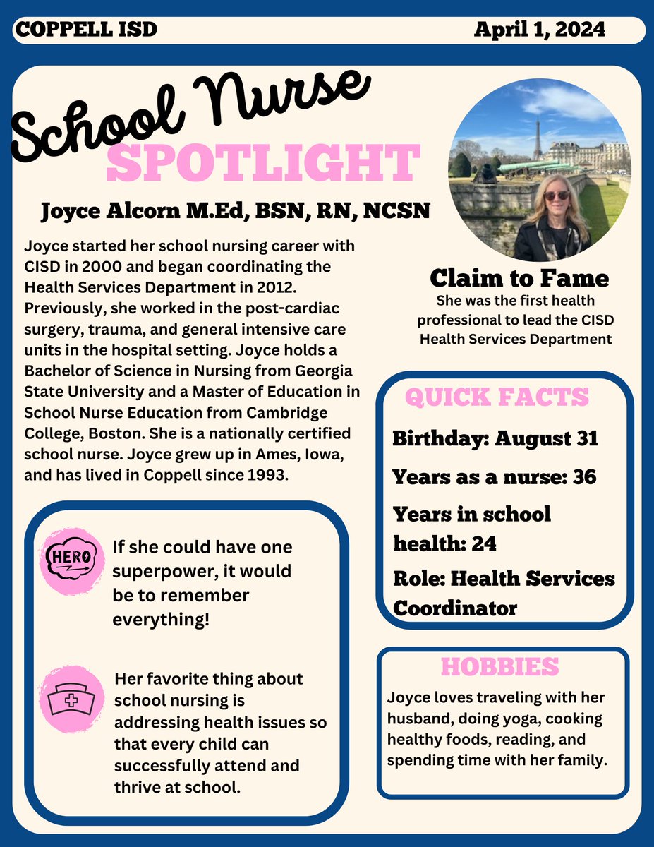 CISDHealth's tweet photo. Our final School Nurse Spotlight of 23-24 is our Health Services Coordinator, Joyce Alcorn! #coppellmissionpossible @coppellisd https://t.co/p6kgxLvrIb