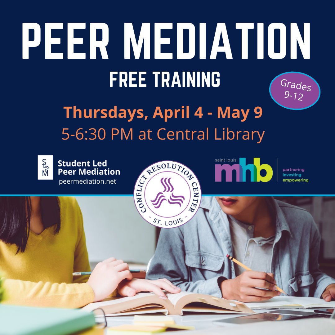 We're excited to partner with <a href="/STLpubLibrary/">St. Louis Public Library</a> to offer a 6 wk Peer Mediation Training for youth grades 9-12 looking to learn conflict resolution skills. This program is FREE to attend! Sessions run from April 4 - May 9 (5-6:30pm). Follow link for more info: bit.ly/SLPMstl