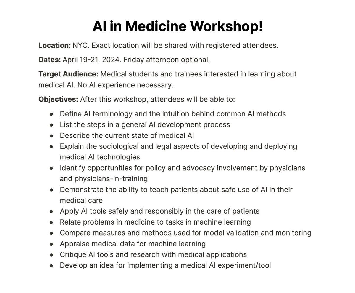 Medical student or trainee in NYC? 🩺 Interested in learning practical information about AI in medicine? @ren_jennifer @run_with_joy and I are hosting a small interactive workshop in NYC on April 19-21 and have a few spots left! More info & link to interest form below ⬇️