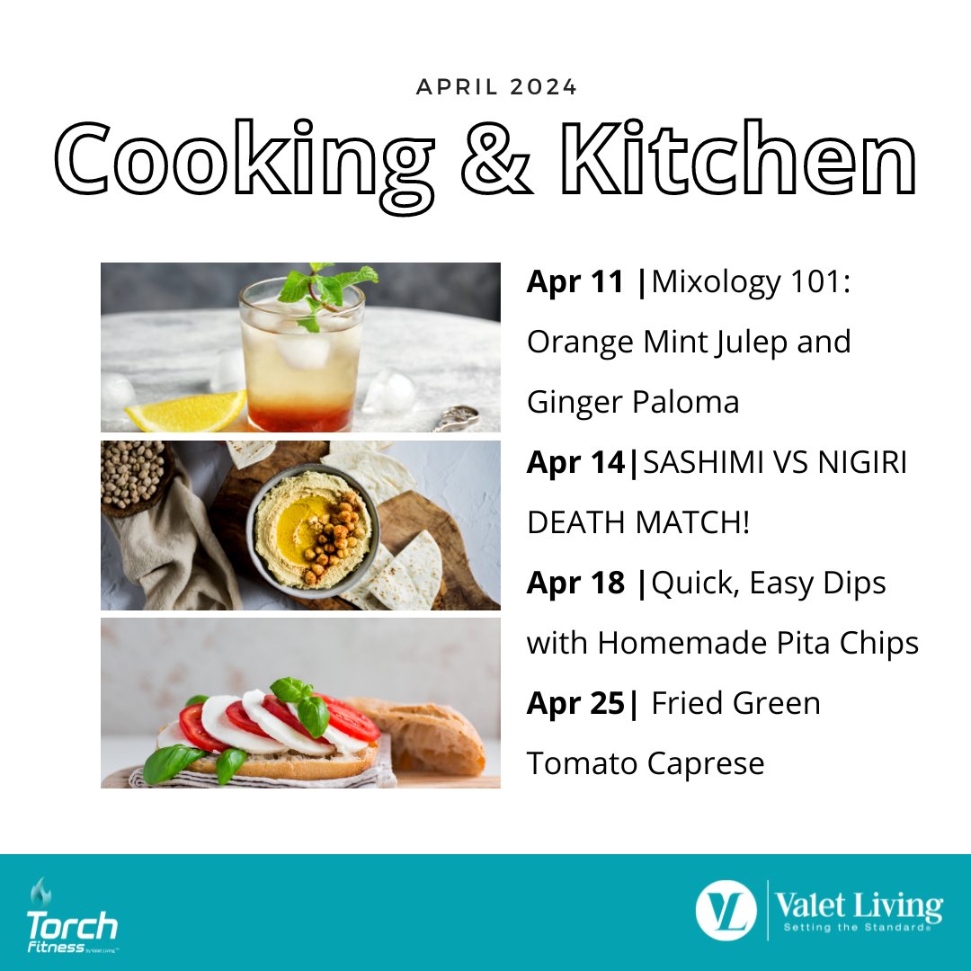 ValetLiving's tweet image. April is here! Check out the tasty virtual classes we have this month 🍣🍹

All classes can be accessed through the Valet Living Resident App 📲

What class are you looking forward to the most?

#TorchFitness #ValetLiving #VirtualClasses