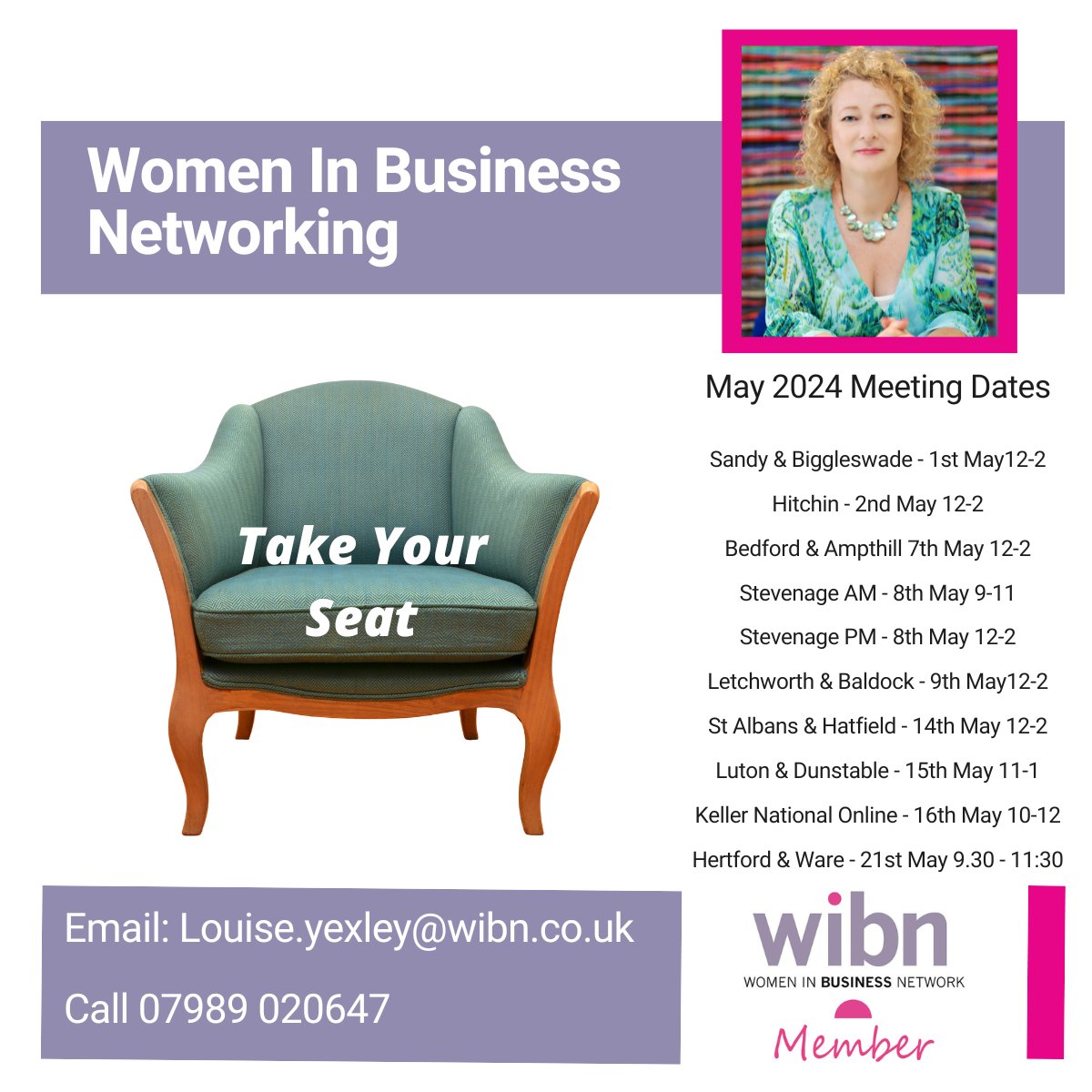 Get your diary dates in now for the May meetings.

Our local groups in Hertfordshire and Bedfordshire are all face-to-face this month.

Registration and more info can be found here tinyurl.com/nzahkyh8

#womeninbusinessnetwork #WIBN #WomenInBusiness #onlinenetworking