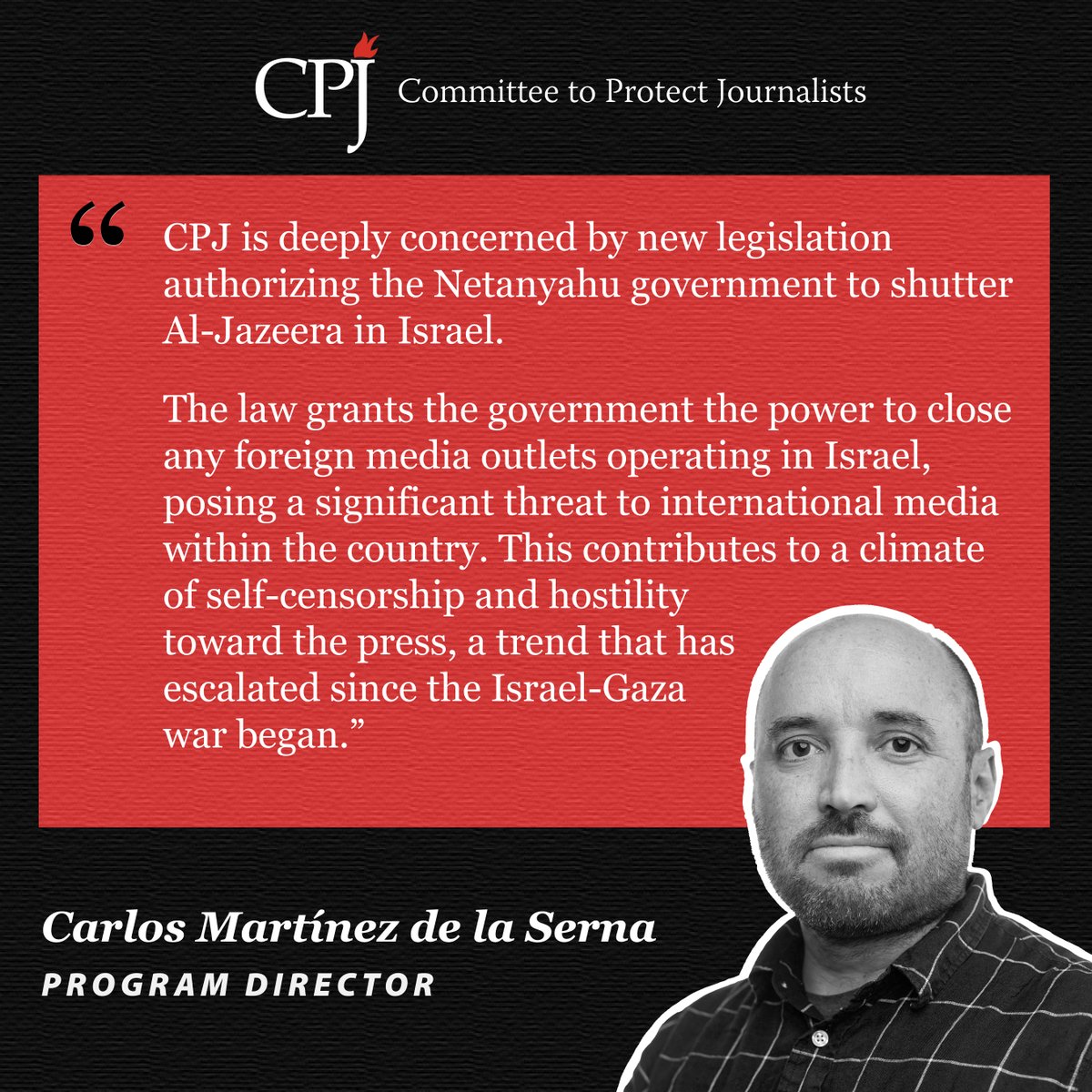 CPJ is deeply concerned by new legislation authorizing the Netanyahu government to shutter @AlJazeera in #Israel. The law grants the government the power to close any foreign media outlets operating in Israel, posing a significant threat to international media within the…