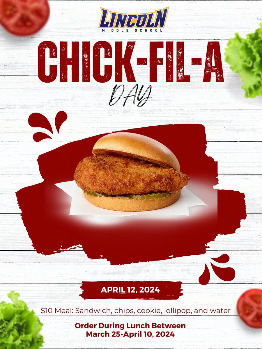 Between now and April 10th, students and staff can order a Chick-Fil-A meal ($10) during all lunches. Our Chick-Fil-A day will be next Friday, April 12th.