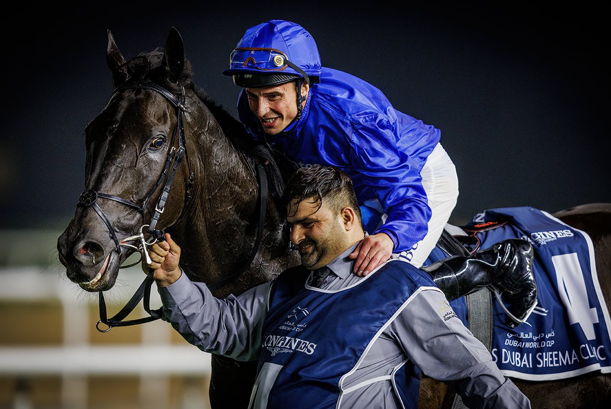 William Buick embraces the groom for Rebel's Romance after a dominant win in the Sheema Classic. #DWC24