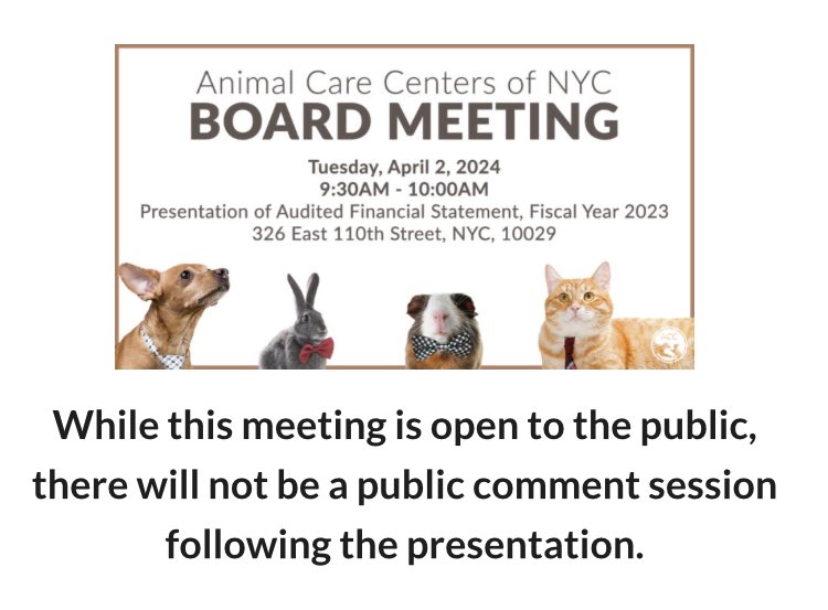 Tomorrow morning at 9:30, the NYC ACC @NYCACC are having a board meeting at the Manhattan ACC, 326 East 110th St. Open to the public— with no online attendance option, nor opportunity for New Yorkers, voters and taxpayers, to question or speak. Come hold a sign if you wish? RT