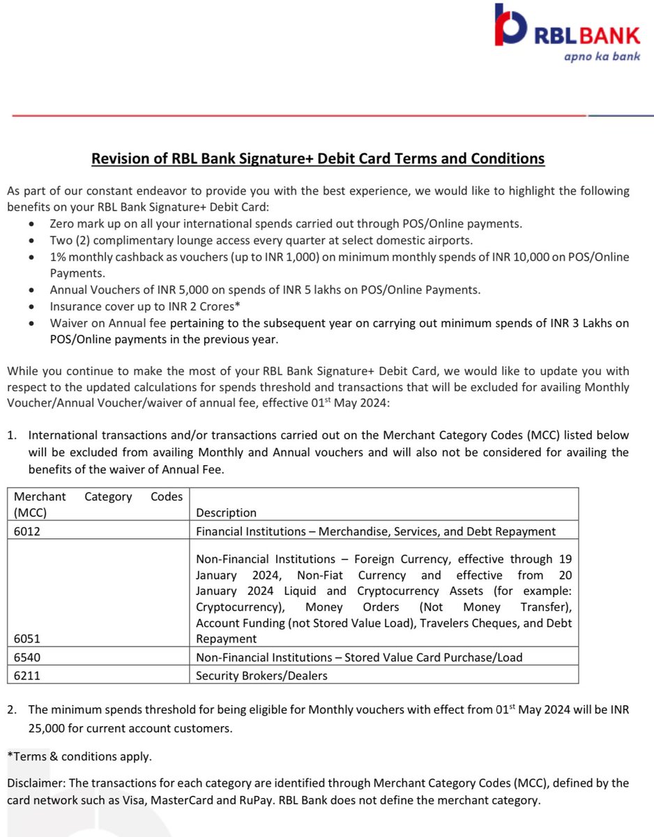 Bye Bye RBL Signature+ Debit Card