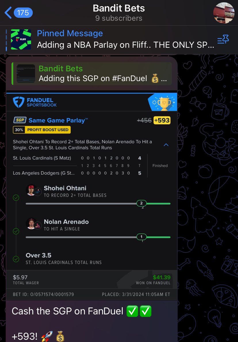 deeppocketsfull's tweet image. Chat printing 🖨️ ..

couple SGPs &amp;amp; few promos seeing green from yesterday ✅🥬

👉t.me/+JPA7jtq1LlwxO… 👈

#FreePicks #FreeBets #FreeBands #GamblingX #MarchMadness #MLB #NBA #FanDuel #bet365 #sharpshooter