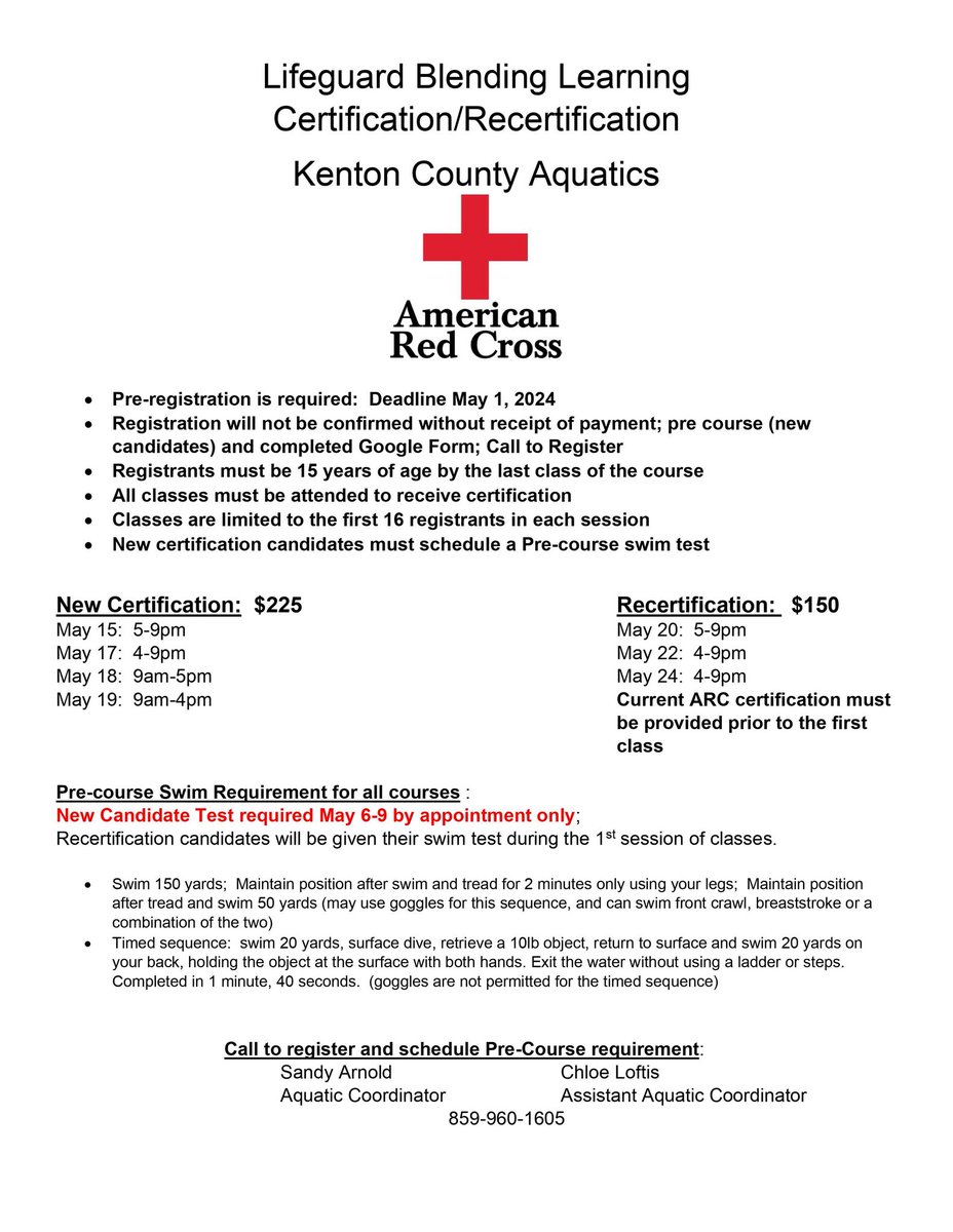 Do you want to be a certified lifeguard? Do you need Recertification? We are offering both! Call 859-960-1605 for more information and to register! Don't delay! Class sizes are limited!