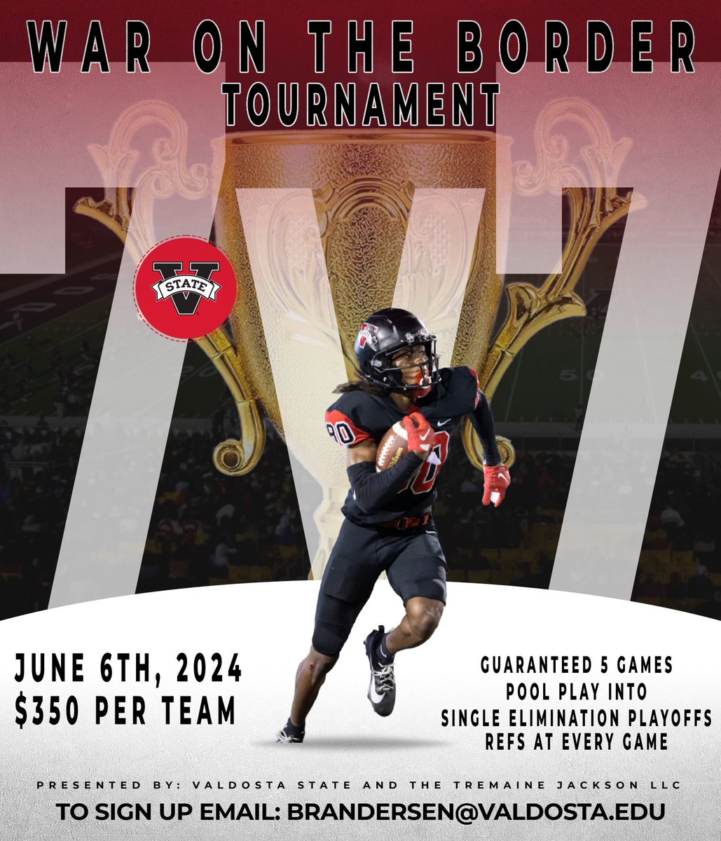 War on the Border 7v7 Tournament is coming‼️‼️ We're trying to find out whose the best around🔎 Email: Brandersen@valdosta.edu to get sign up! Lets get Active! #WTS