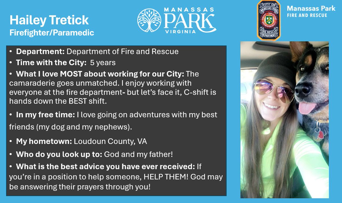 It's Meet-the-Team-Monday! Our valued employee is Hailey Tretick from the Fire Department! Hailey has been a Firefighter and Paramedic for the City for 5 years. She is funny, energetic, and a wonderful team player! We are so lucky to have Hailey on our Team!