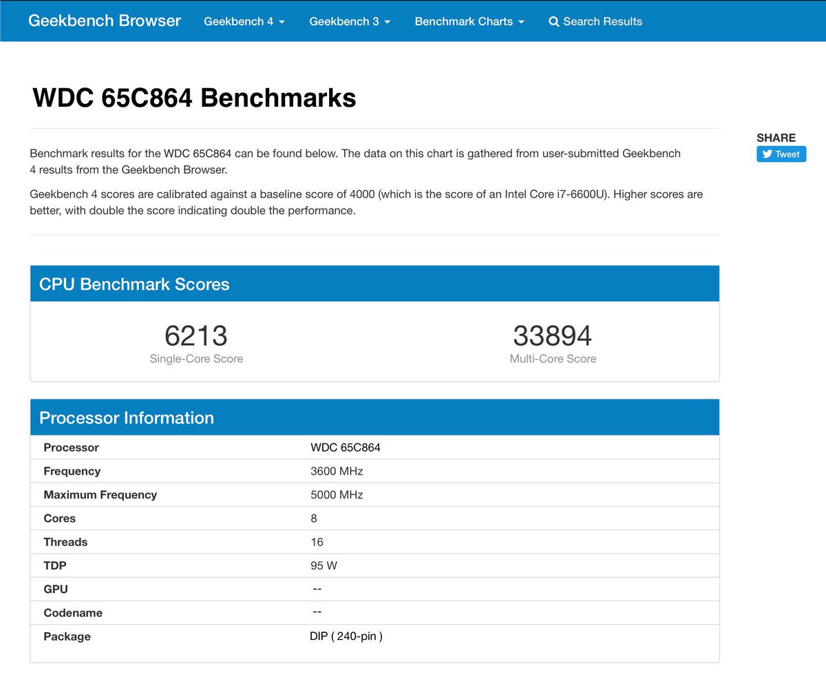 I spotted something strange when I was searching through CPU benchmarks on the GeekBench website... I'm not quite sure what to make of this... #WDC #CPU #GeekBench #Apple #AppleII #AppleIIgs #AppleIIgsPlus #vintagecomputing #retrocomputing #tech #CPU #benchmark #AppleIIForever