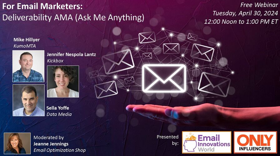 Don't miss the next Ask Me Anything Webinar—Tuesday, April 30th—mark your calendars! Join our own @emailDELIVbyJEN, Mike Hillyer from @KumoMta & Sella Yoffe from Data Media w/ Jeanne Jennings from @EmailOpShop. Topics: SPF, DKIM, DMARC to Yahoogle & more: risingmedia.swoogo.com/OI300424
