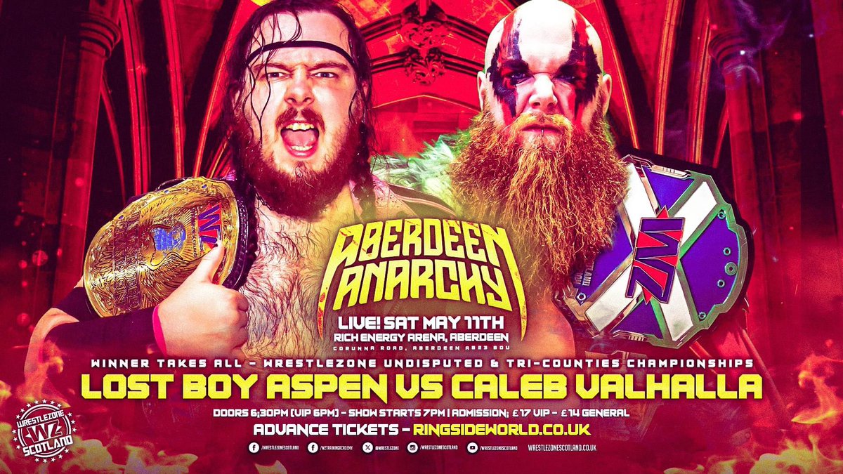 Regal Rumble winner @CalebValhalla will face @theaspenfaith at Aberdeen Anarchy. At the Rich Energy Arena, Sat May 11th, it's Title V Title - winner takes all! VIP tickets - £17. Doors 5.30pm GA tickets - £14. Doors 6:30pm Tickets are available now at ringsideworld.co.uk/events.php?id=…