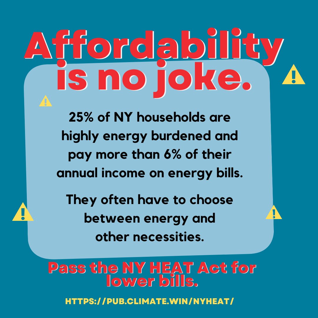 Energy affordability is no joke. 
⚠️Across NY, 1 in 4 households are highly energy burdened. Passing the full #NYHEAT in the budget would save these households, on average, $136/month. 
Savings vary by region &amp; by county. Find YOUR region's info here: pub.climate.win/nyheat/ 1/4