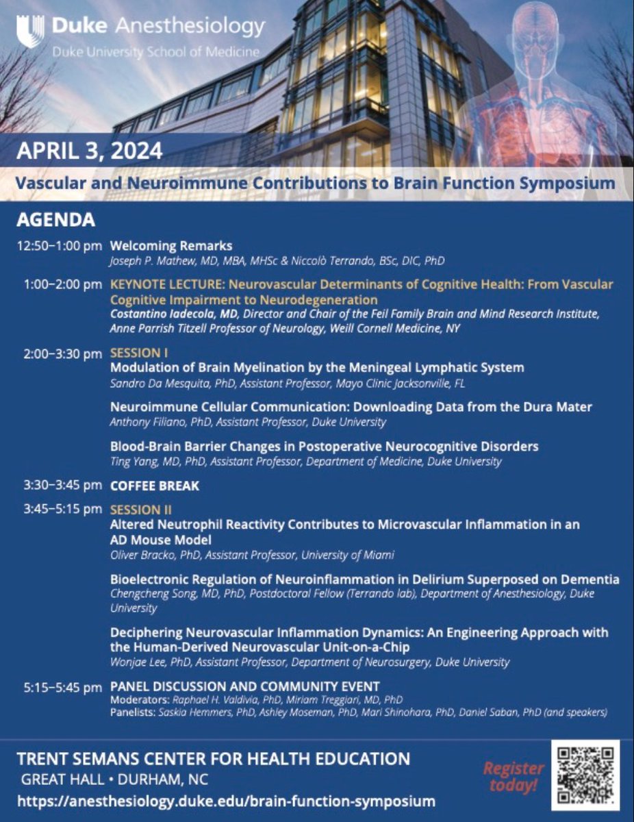 This week! #DukeCTSI is proud to co-sponsor with @Duke_Anesthesia an important symposium about vascular and neuroimmune contributions to #brain function. 📅April 3 from 1-5 p.m. 📍Trent Semans at @DukeU ➡️Register duke.is/n/zfkw