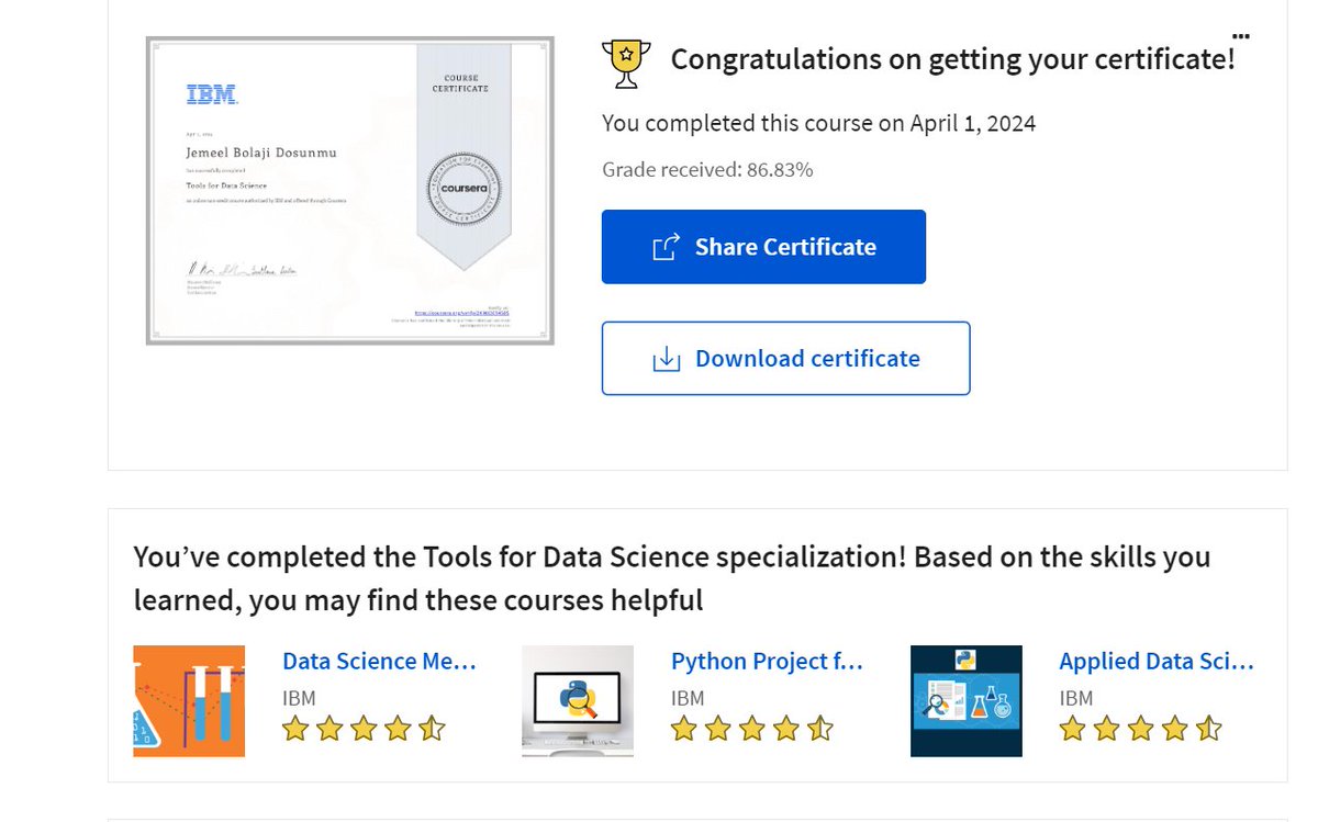 __jemeel's tweet photo. Earned an additional certification in the IBM data science course
Growth +=1% daily
#RoadtoDatascience https://t.co/tVUhuTX03k