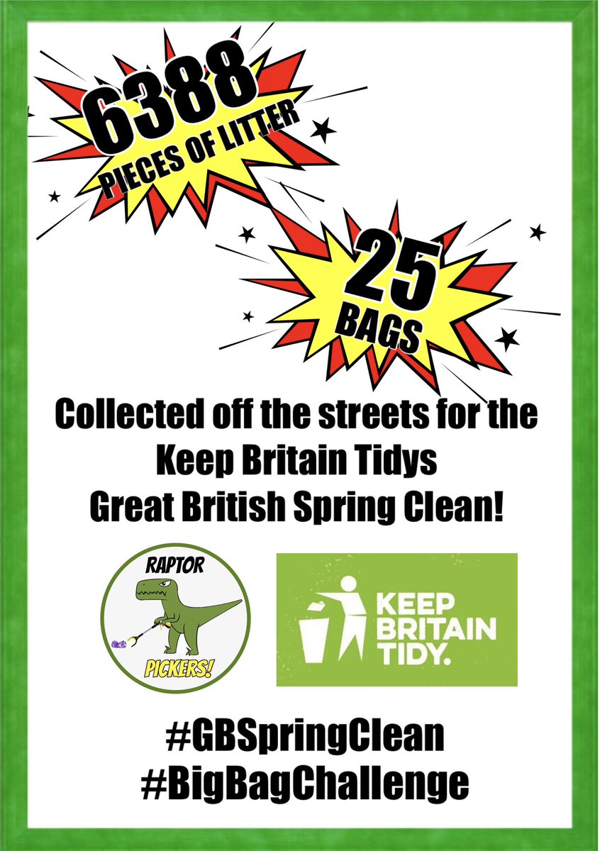 The Raptor Pickers took part in @KeepBritainTidy #GBSpringClean 2024! They collected a total of 2️⃣5️⃣ bags - a massive 6️⃣3️⃣8️⃣8️⃣ pieces of litter off the streets of #Pontefract 🦖👏🏻🚯 #LitterPickMeUp #LitterHeroes #community @MyWakefield #RaptorPickers #BigBagChallenge #TakeAction
