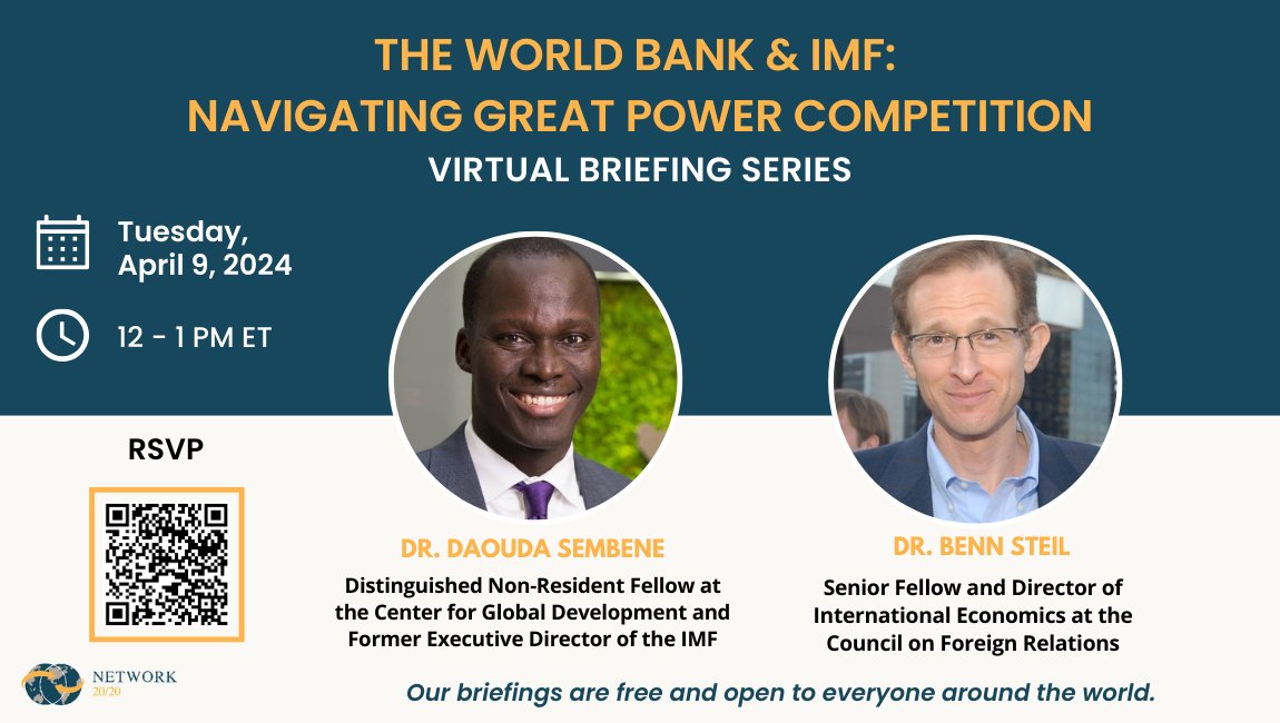 The @WorldBank & @IMFNews 'Navigating Great Power Competition' with experts Dr. @DaoudaSembene , @_Africatalyst, @CGDev & Dr. @BennSteil , @CFR_org to discuss #China's creditor influence, sovereign debt crises, and reforms for IFIs. RSVP Here: shorturl.at/bFQ09