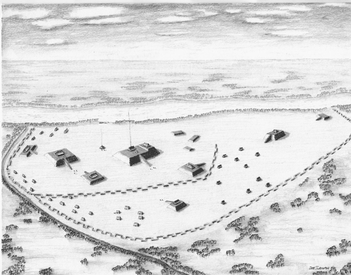 Some people are going to Angel Mounds in Evansville, Indiana for the eclipse on April 8. It is supposed to a total eclipse there. This is a reconstruction of the site from the mound encyclopedia.
