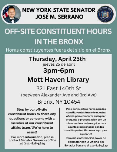 See flyers for the dates and locations of our upcoming off-site constituent service hours throughout the 29th Senate District.