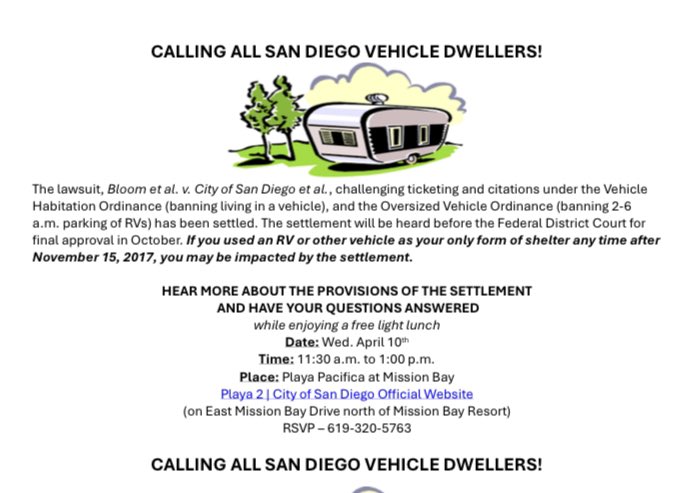 #SanDiego vehicle dwellers: If you used an RV or other vehicle as your only form of shelter any time after November 15, 2017, you may be impacted by a recent court settlement in your favor. Attend informational session with lunch. Wednesday April 10 at 11:30 am.