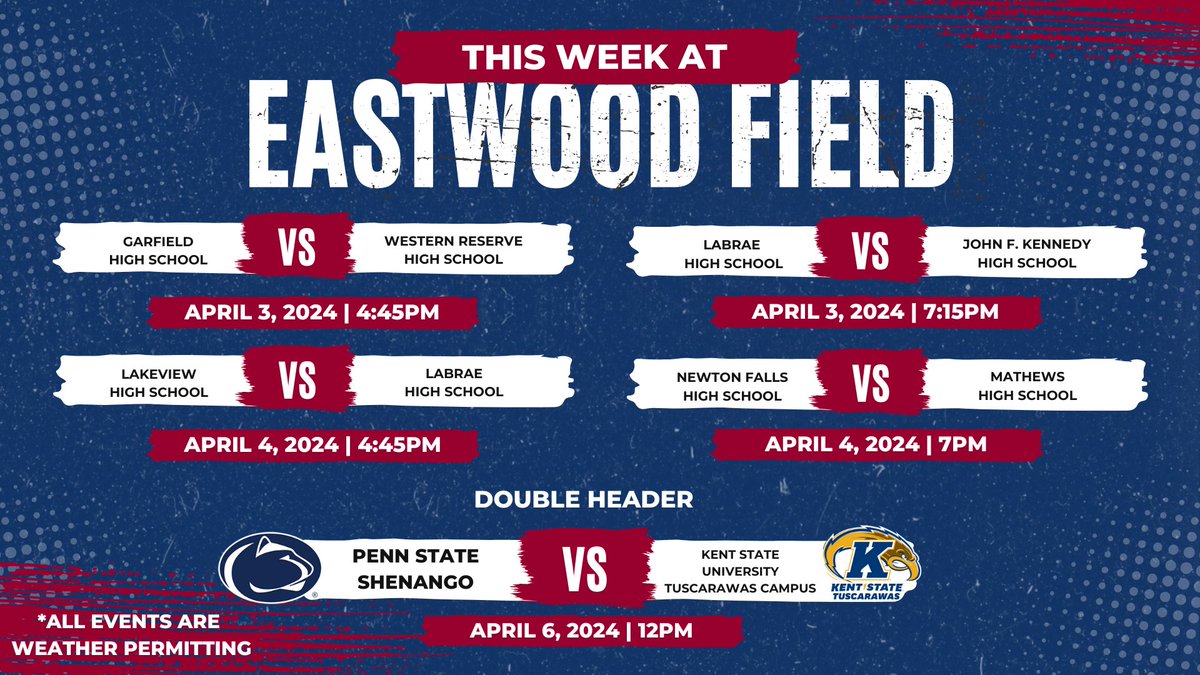 ⚾𝙏𝙝𝙞𝙨 𝙒𝙚𝙚𝙠 𝘼𝙩 𝙀𝙖𝙨𝙩𝙬𝙤𝙤𝙙 𝙁𝙞𝙚𝙡𝙙: High School Baseball kicks off for the 2024 spring season with four games this week followed by a double header between Penn State Shenango and Kent State University Tuscarawas starting at 12pm on Saturday.