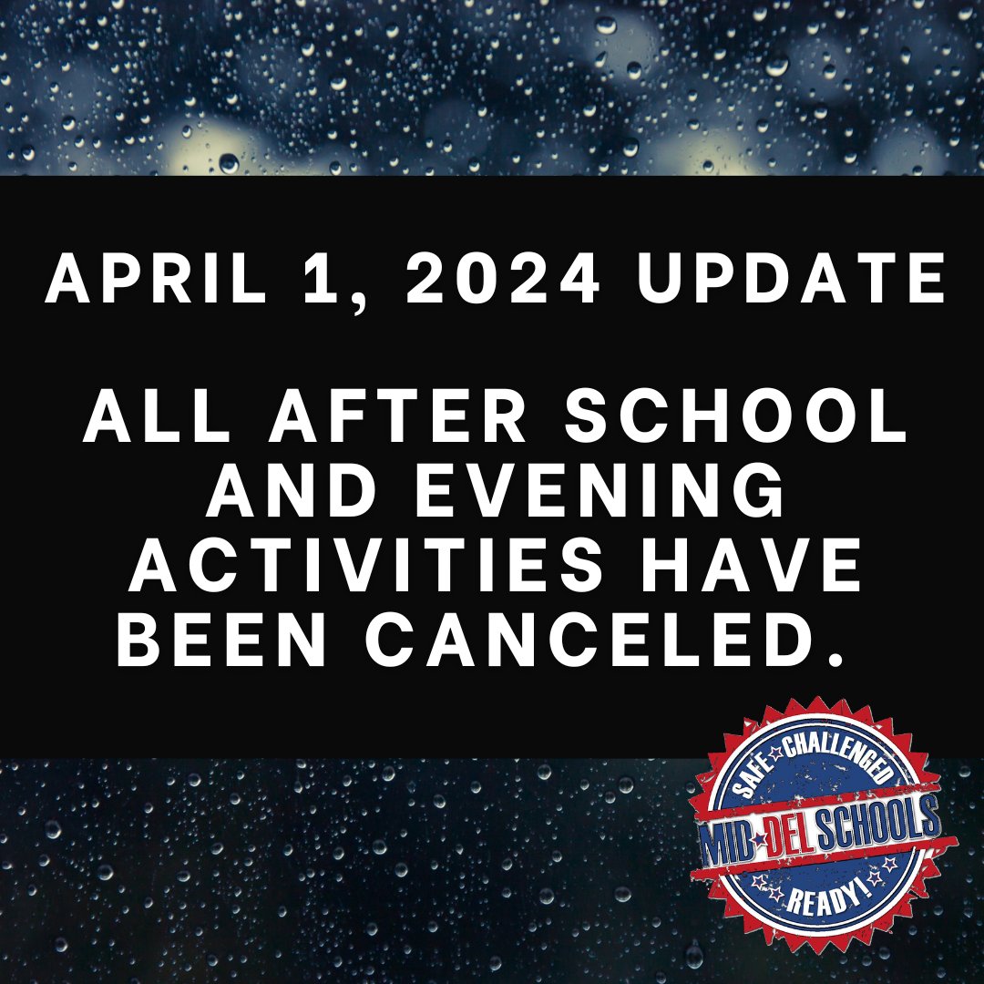 middelnews's tweet photo. April 1, 2024: Mid-Del officials participated in a webinar with the National Weather Service this morning and have made the decision to cancel all after school and evening activities out of an abundance of caution for our students, families, and staff. #mdpurpose https://t.co/gs95Yb4lrc