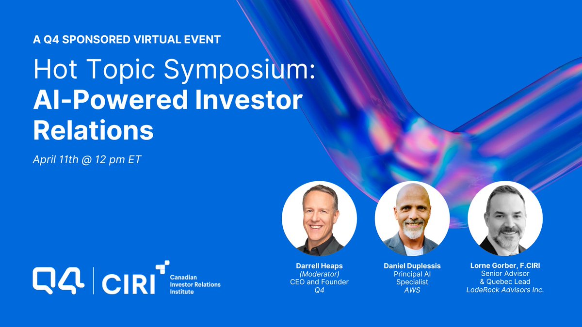 Join us on April 11th for the Hot Topic Symposium: AI-Powered Investor Relations. Hosted by @CIRINational. Topics include: 🤖 Practical applications of AI in IR 🧠 Insights into AI learning ✨ The future of AI in Investor Relations Register here: ciri.org/web/03Prof-Dev…