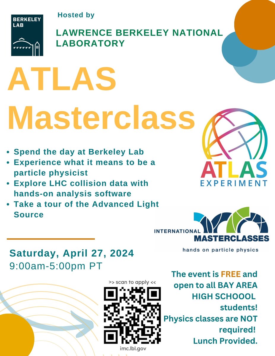 Interested in being a physicist for the day?! Then, apply to @LBNLphysics's ATLAS Masterclass on Saturday, April 27! Network, explore data, and see a particle accelerator! This onsite program is FREE and open to ALL Bay Area High School students. website: imc.lbl.gov