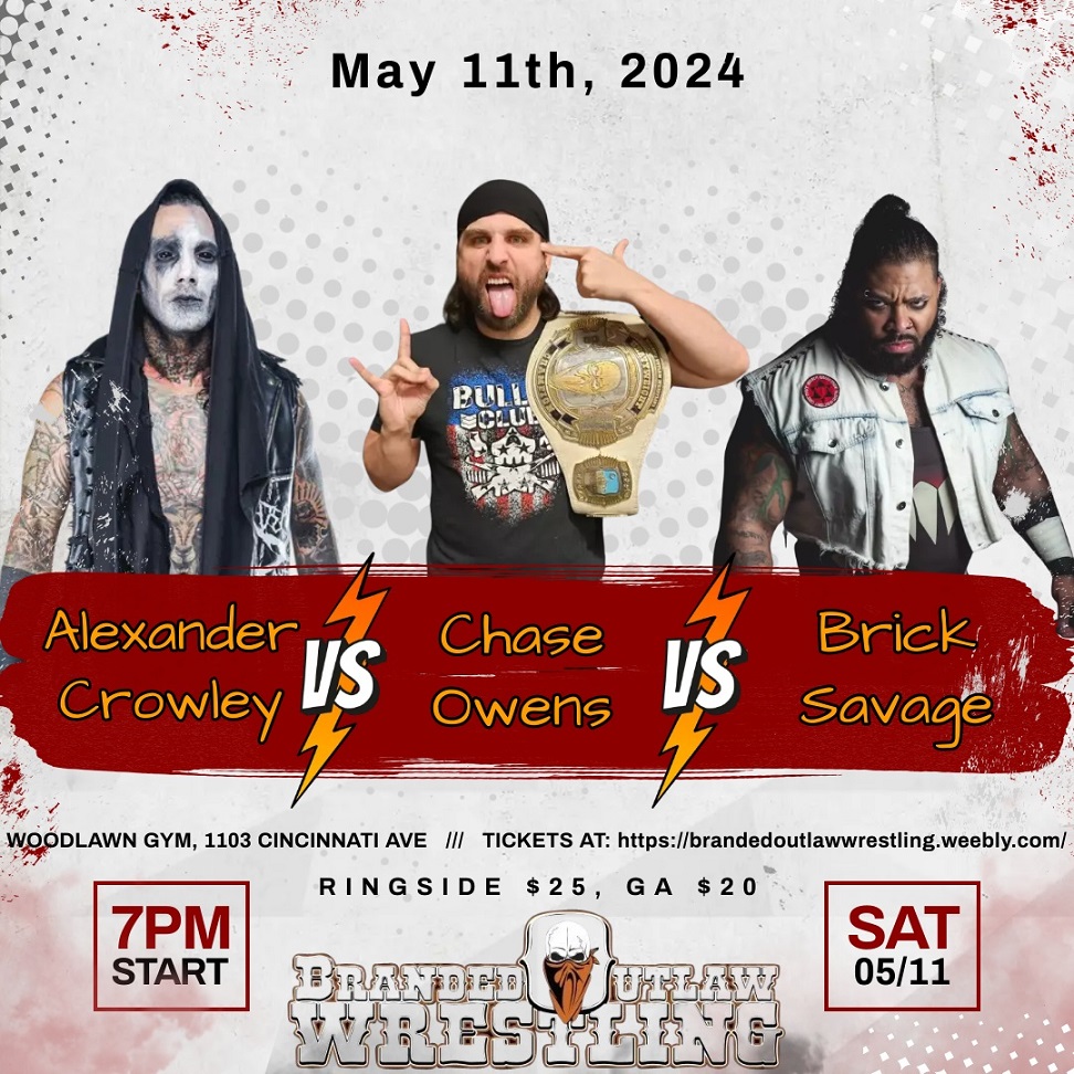Mens title Triple Threat match May 11th! Tickets available now at: brandedoutlawwrestling.weebly.com