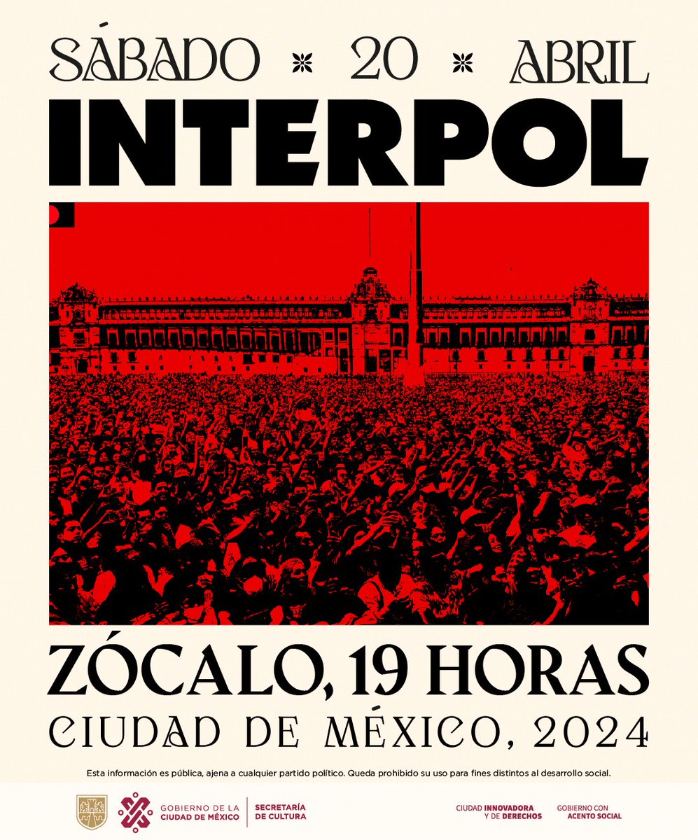 El sábado 20 de abril, el Zócalo recibe a @Interpol, banda de postpunk integrada por @bankspaulbanks, Daniel Kessler y Sam Fogarino. Ven a cantar canciones icónicas de esta agrupación neoyorquina como “C’mere” o “Evil” en la plancha del Zócalo capitalino. 19 horas |