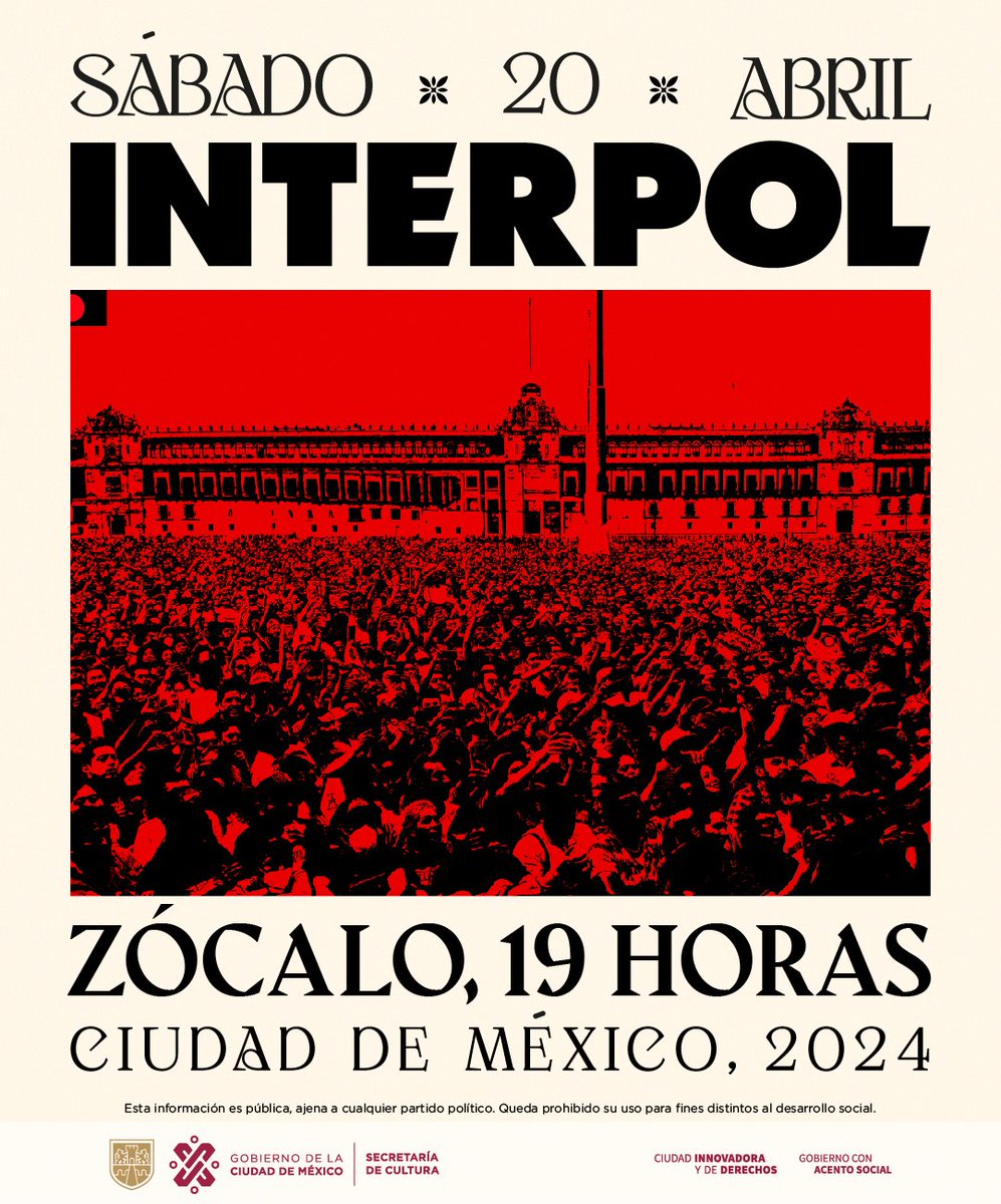 CulturaCiudadMx's tweet photo. El sábado 20 de abril, el Zócalo recibe a @Interpol, banda de postpunk integrada por @bankspaulbanks, Daniel Kessler y Sam Fogarino. 

Ven a cantar canciones icónicas de esta agrupación neoyorquina como “C’mere” o “Evil” en la plancha del Zócalo capitalino.

19 horas | #EntradaLibre

@GobCDMX