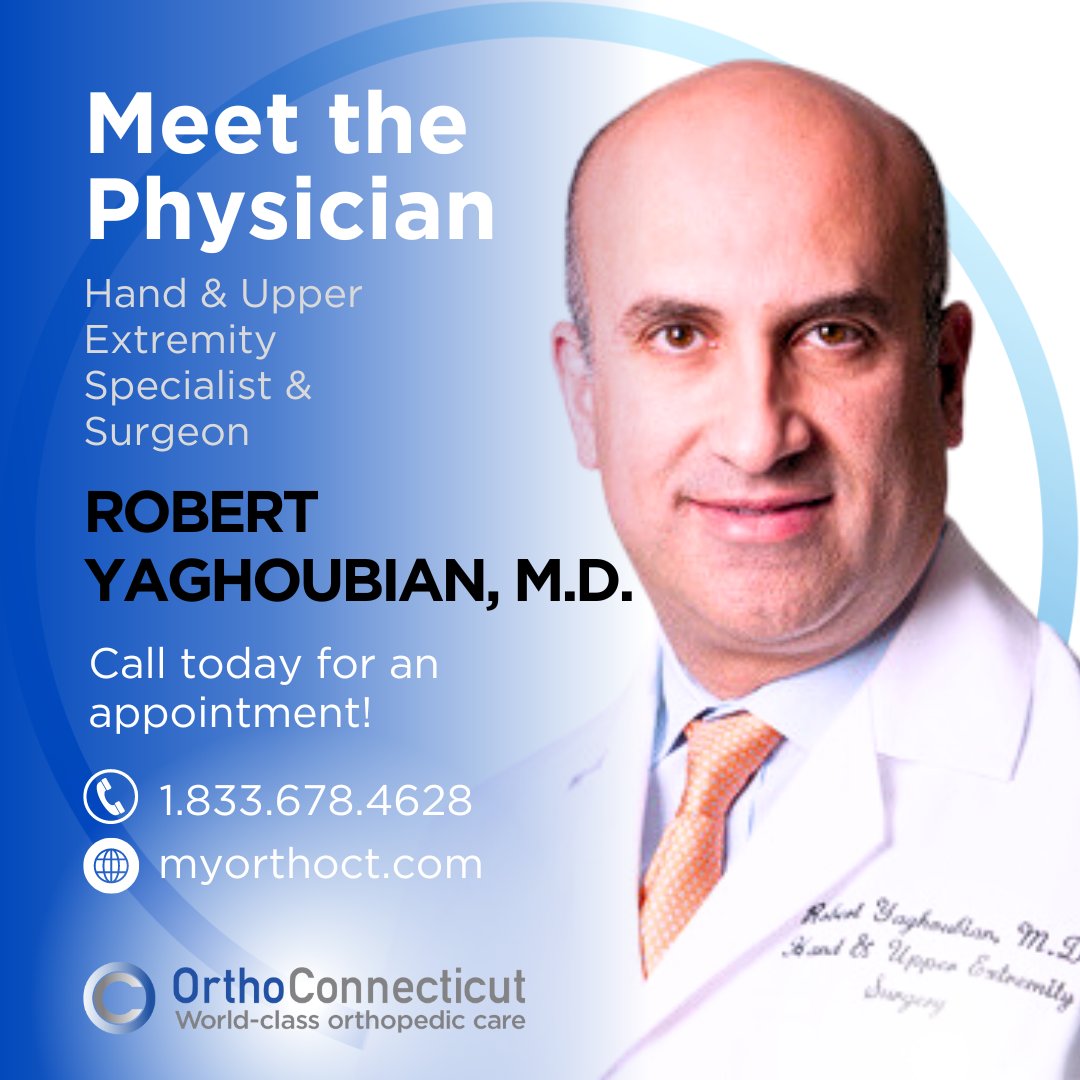 Meet Dr. Robert Yaghoubian, renowned in hand, elbow, and upper extremity surgeries. Graduate of  NYU School of Medicine, fellowship at UPMC, and residency at The Hospital for Joint Diseases. Trust his expertise! myorthoct.com/robert-yaghoub… #MyOrthoCT #HandSurgeon