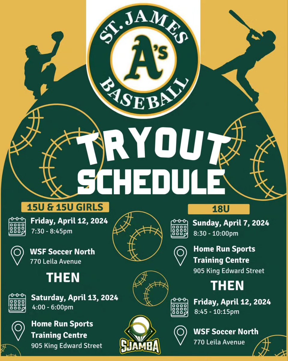 🚨 REMINDER: 
Tryouts for the 2024 season begin THIS FRIDAY, April 5th! ⚾️

Review each photo to see the specific dates and times for each age level! 

Good luck everyone! 🍀